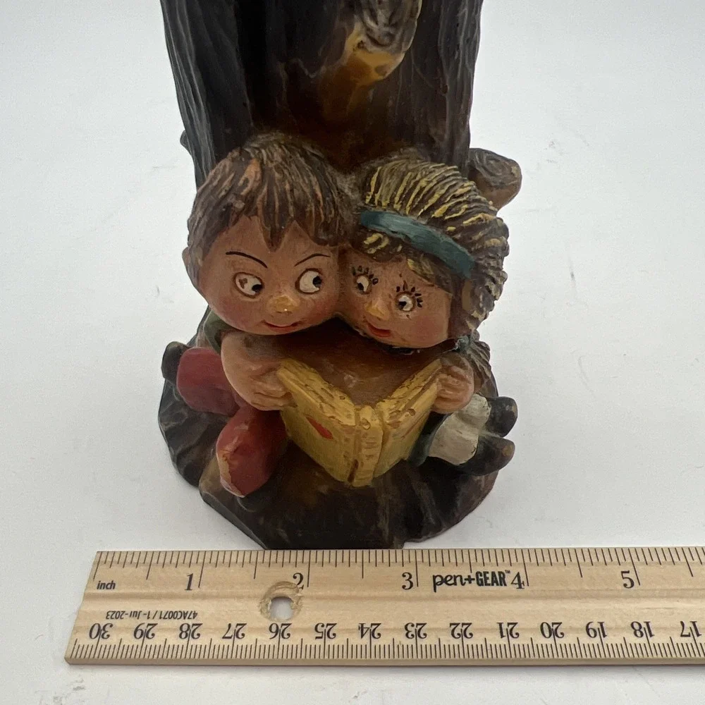 VTG Gunter Kerzen German Hand Carved Painted‎ Candle - Boy & Girl Reading Tree